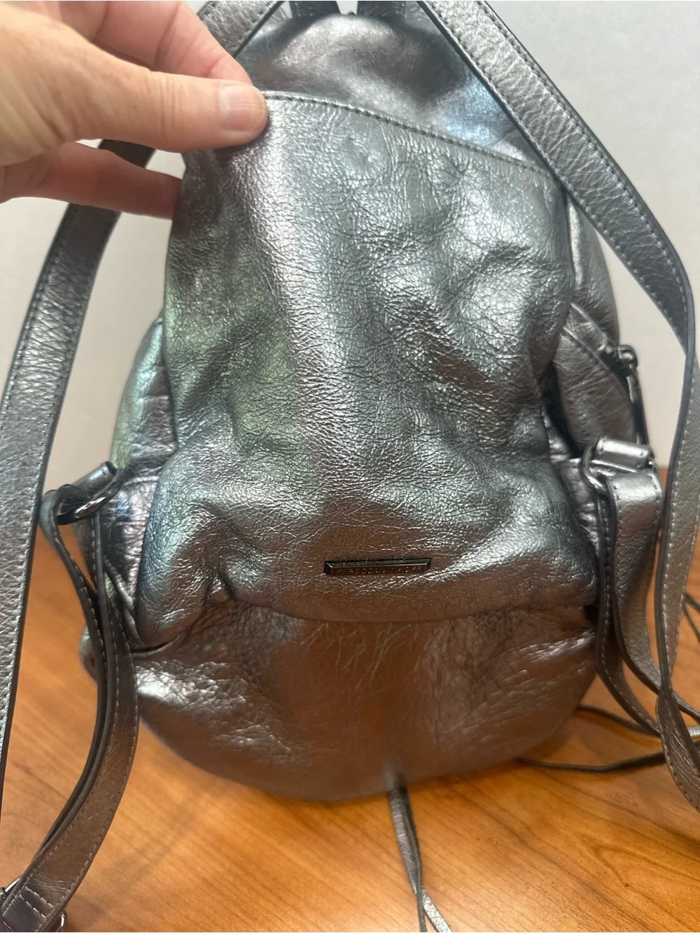 Rebecca Minkoff Mini Julian Silver Metallic Leather Backpack Sling Bag
